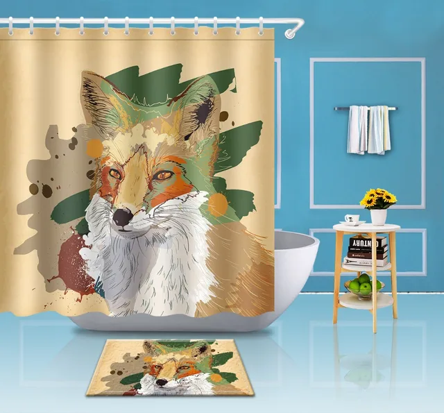 Watercolor Fox Animal Shower Curtain with Bath Mat Set Extra Long