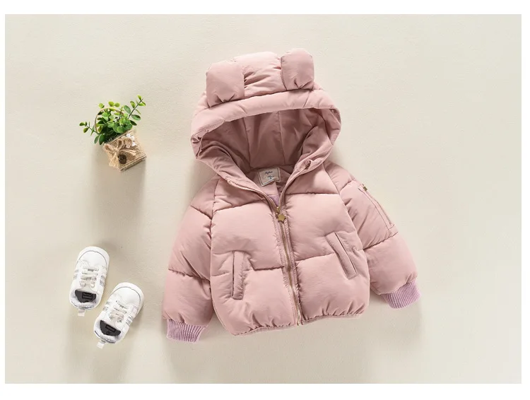 Зимняя куртка для малышей хлопковое пальто с ушками медведя и смайликом для девочек детское теплое хлопковое Стеганое пальто с героями мультфильмов - Цвет: Розовый