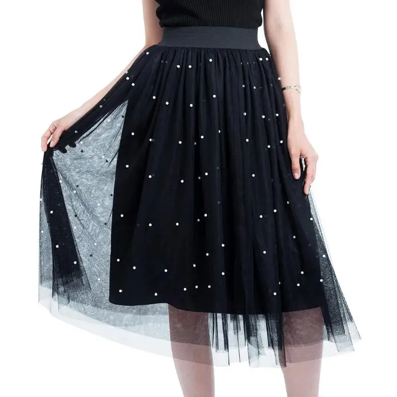 2018 Summer Tulle Beading Women Mesh Midi Skirts Mesh Tulle Skirt With ...