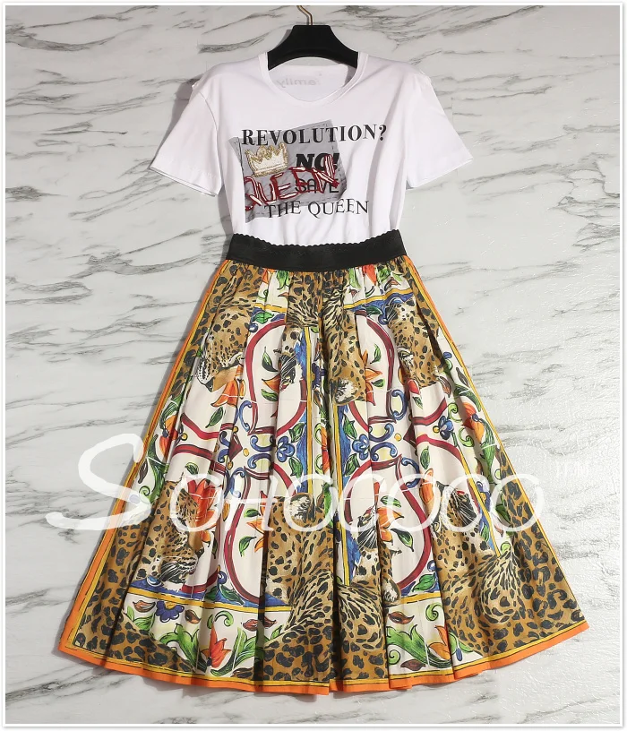 

2018 Spring Summer Women Cotton Vintage A Line Mid Calf Skirts New Fashion Printing High Wasit Slim Big Swing Skirts