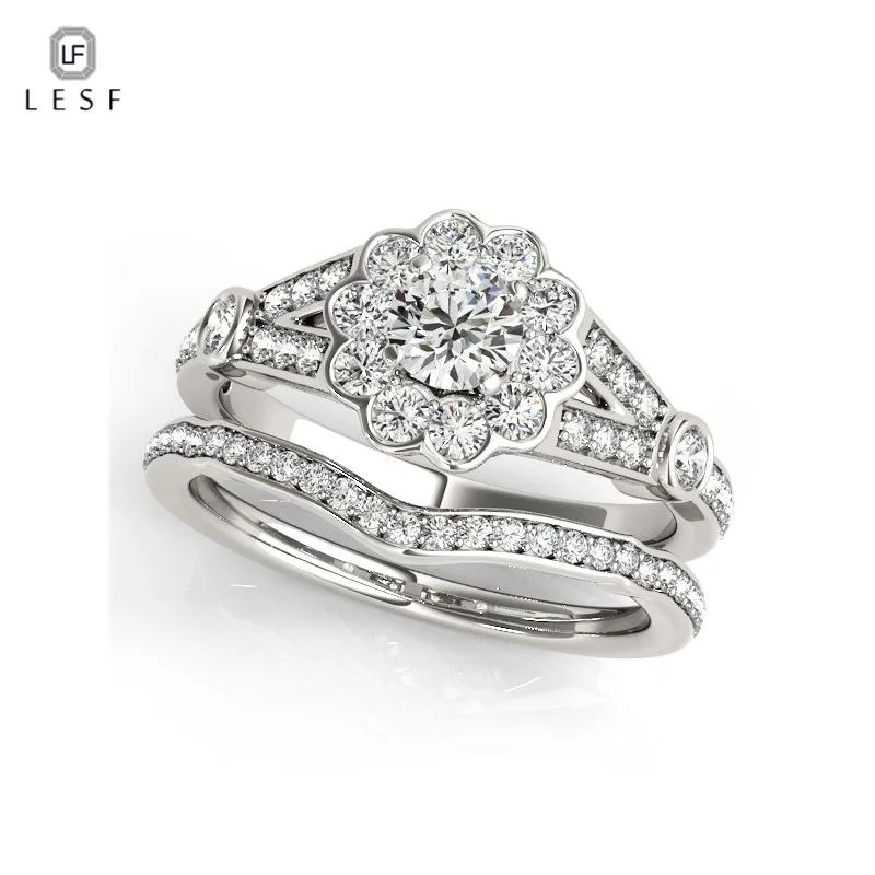 

LESF Fashion Flowers Wedding Ring Sets For Women Round Cut Cubic Zirconia 925 Sterling Silver Jewelry Support customization