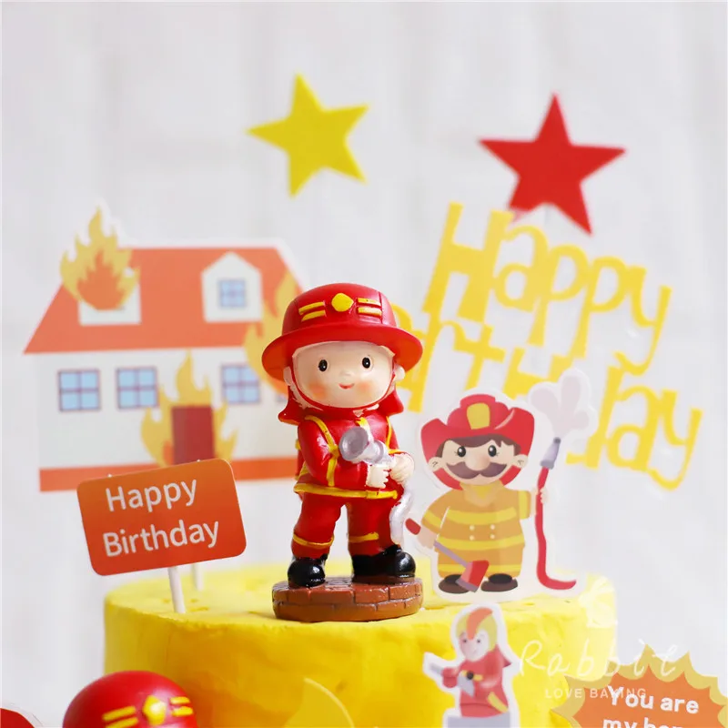 Fireman Hero Decoration Water Gun Ladder Truck Cake Topper for Children's Day Kid Happy Birthday Party Supplies Baking Cute Gift