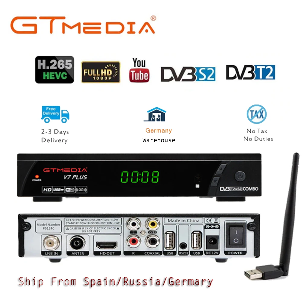 [Подлинный] 2018 Новое поступление GTMEDIA V7 плюс DVB-S2 DVB-T2 спутниковый ТВ комбинированный приемник Поддержка H.265 и Испания Италия Cccam Клайн