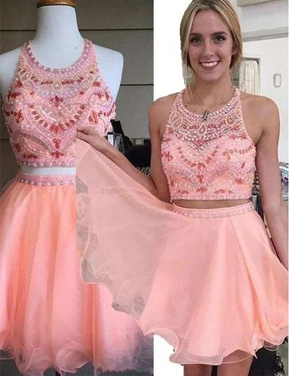 2016 Beautiful Short Blush Pink Prom Dresses Beaded Chiffon Two