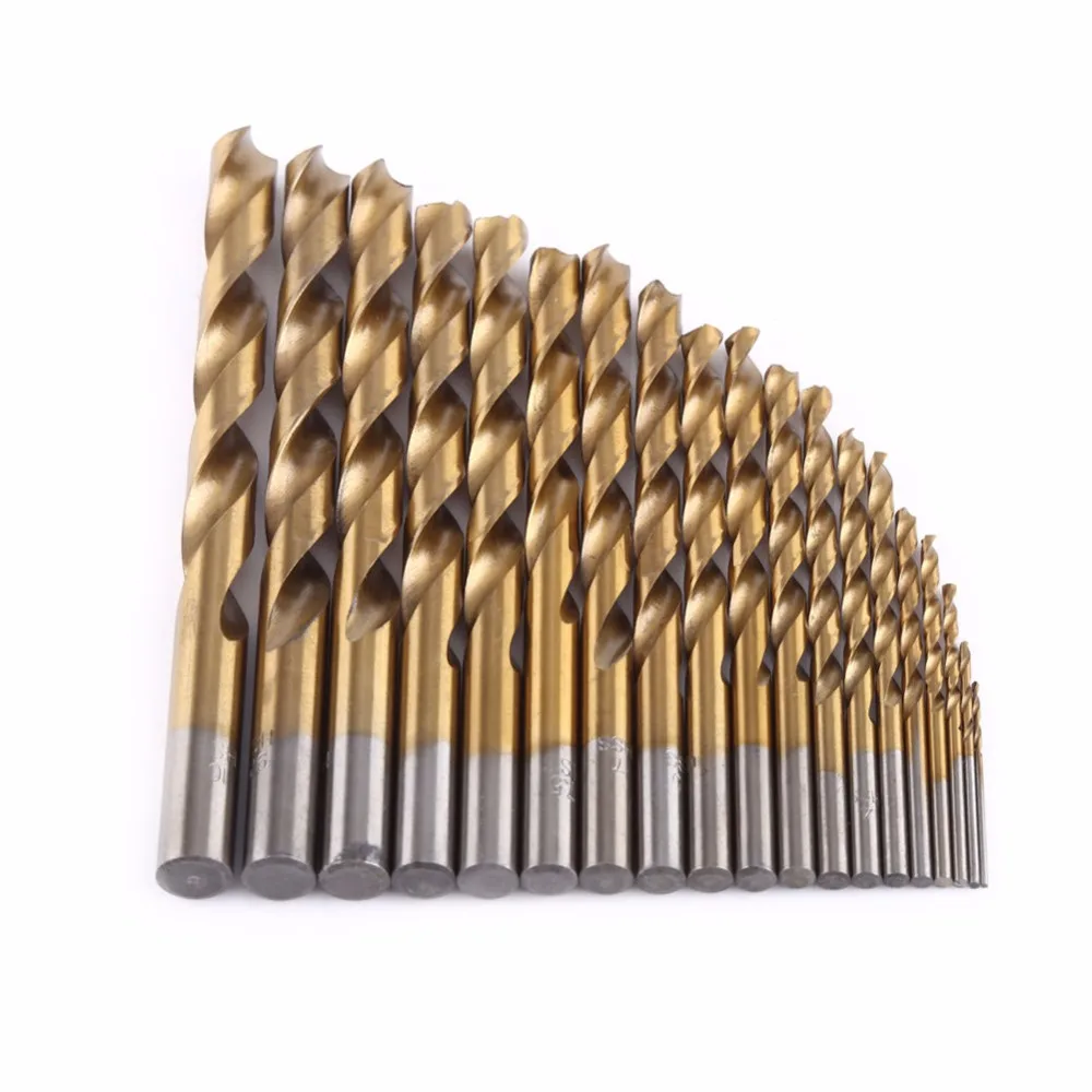 19Pcs Round Shank Drill Titanium Coated Drill Bits HSS High Speed Steel