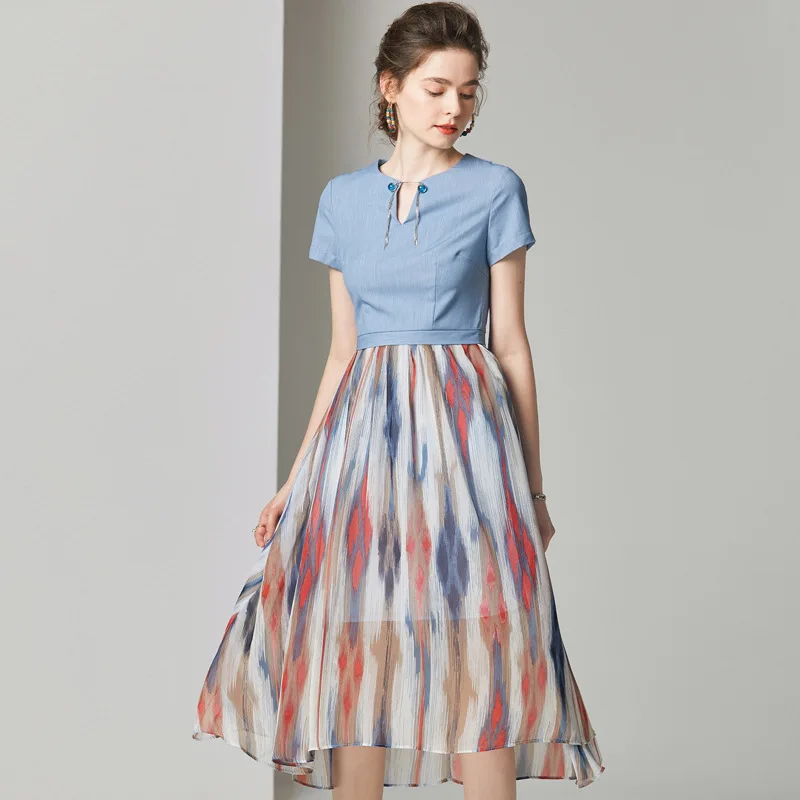 

Midi Dress Summer Women 2019 New Fashion Half Opened Round Neck Short Sleeved Patchwork Printed Slim A-Line Elegant Dress S-XL
