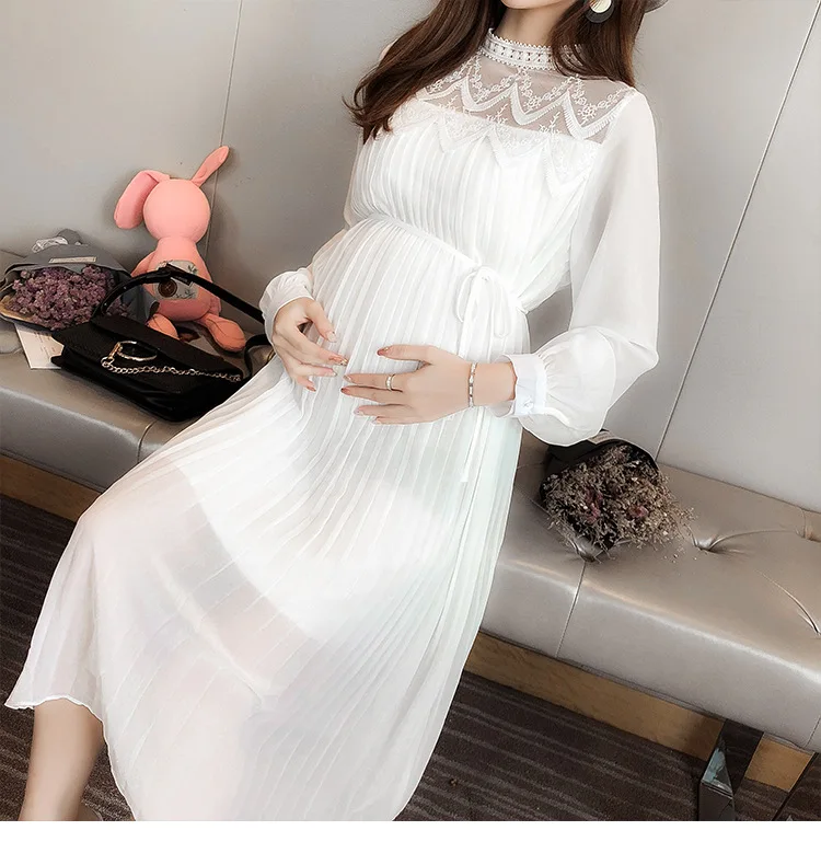 Весенние платья для беременных с длинными рукавами; шифоновая Одежда для беременных; Плиссированное модное платье для беременных женщин