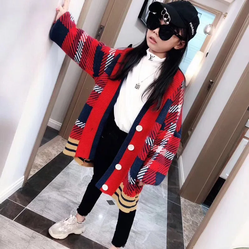

Kids girls cardigan sweater 2018 autumn new plaid long-sleeved sweater knit sweater jacket