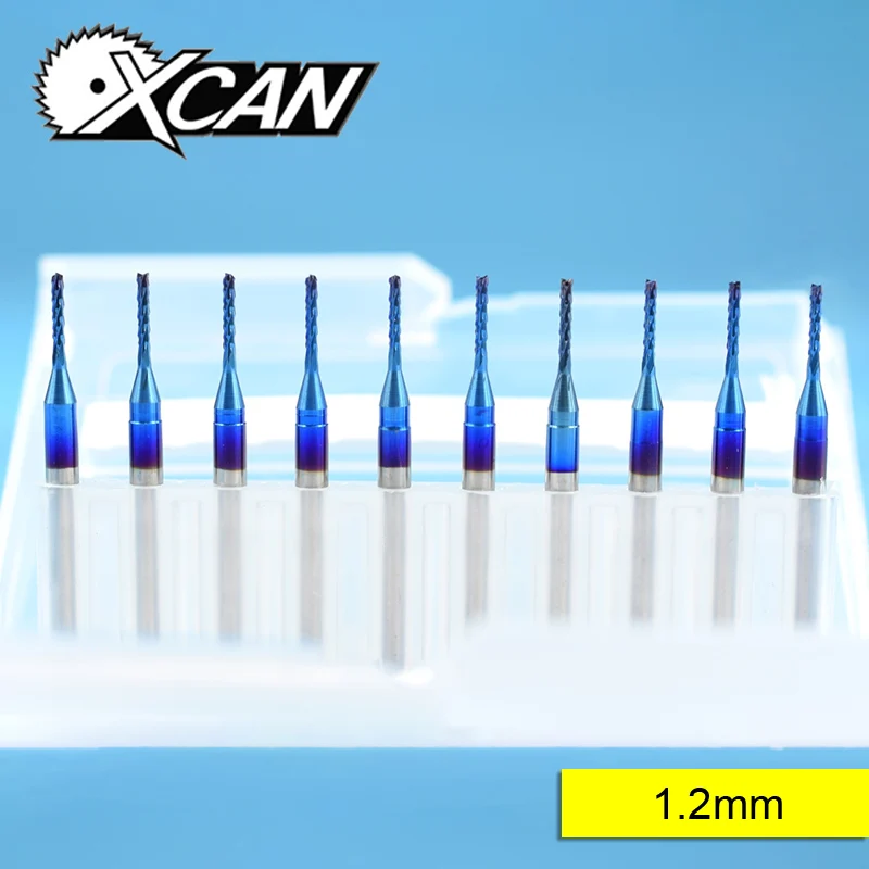 

XCAN 10pcs 1.2mm Carbide Spiral End Milling Cutter Blue Coated CNC Router Bit For Engraving Machine Corn Milling Cutter