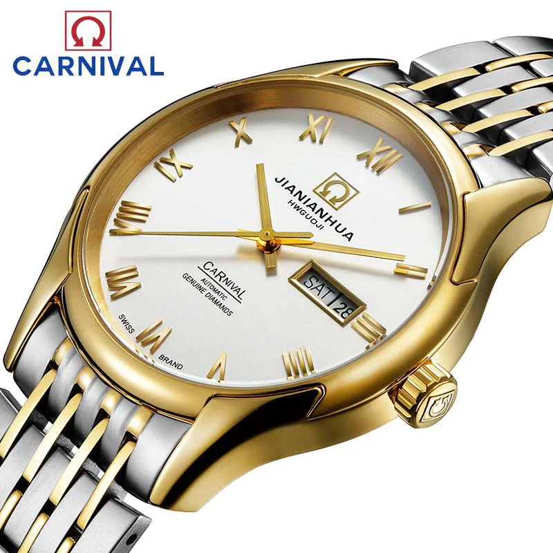 

Carnival Watch men Gold Stainless Steel Automatic Mechanical Luminous Waterproof Week date White Dial Watches