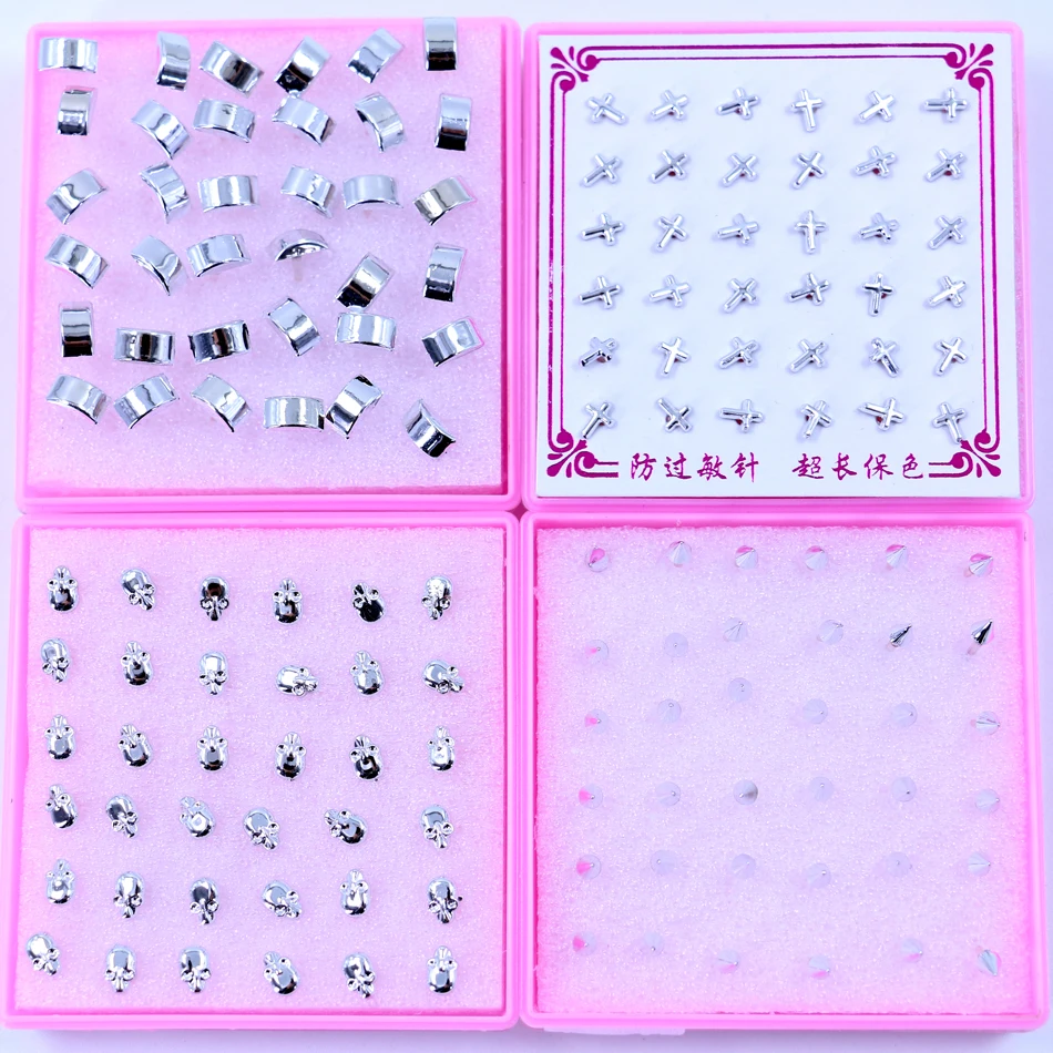 

Factory Simple Mini Design Silver Plated Cheap Plastic Anti Allergy Disinfection stick Stud Earring Cross Skull 18pairs