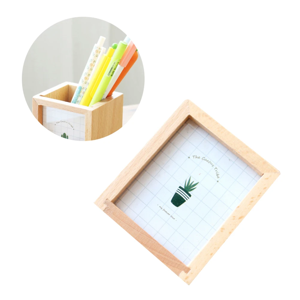 

Cactus Pattern Pen Holder Pencil Container Creative Wooden Desktop Holder Multi-Functional Storage Box For Home Office School