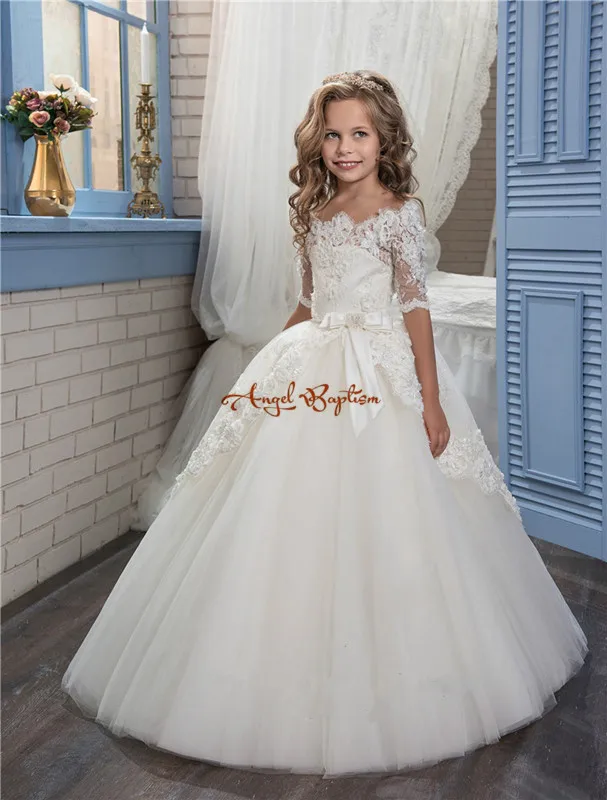 2018 Pretty White Flower Girls Dresses Off The Shoulder Glitz Pageant Gown Lace Sleeves Toddler Party Dress Custom Made цена 2018 Pretty White Flower Girls Dresses Off The Shoulder Glitz Pageant Gown Lace Sleeves Toddler Party Dress Custom Made цены онлайн