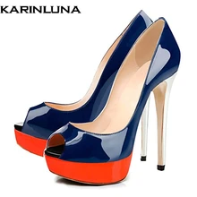 Karinluna/ размера плюс 45, брендовые дизайнерские разноцветные вечерние женские туфли из лакированной кожи с открытым носком пикантные женские туфли-лодочки на высоком каблуке