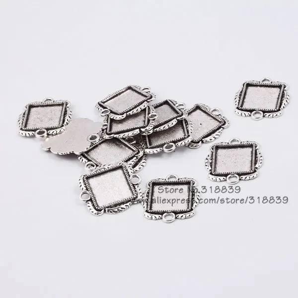 

(30 pieces/lot) Antique Silver Plated Metal 15mm Diplopore Square Cabochon Settings Pendant Jewelry Blanks Connector 8136