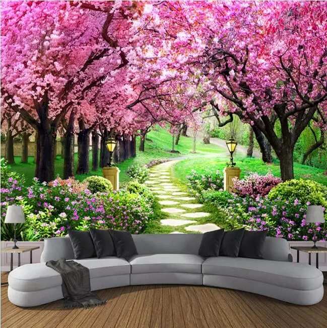 Custom 3D Photo Wallpaper Flower Romantic Cherry Blossom Tree Small Road Wall Mural Wallpapers For Living Room Bedroom De Parede Custom 3D Photo Wallpaper Flower Romantic Cherry Blossom Tree Small Road Wall Mural Wallpapers For Living Room Bedroom De Parede