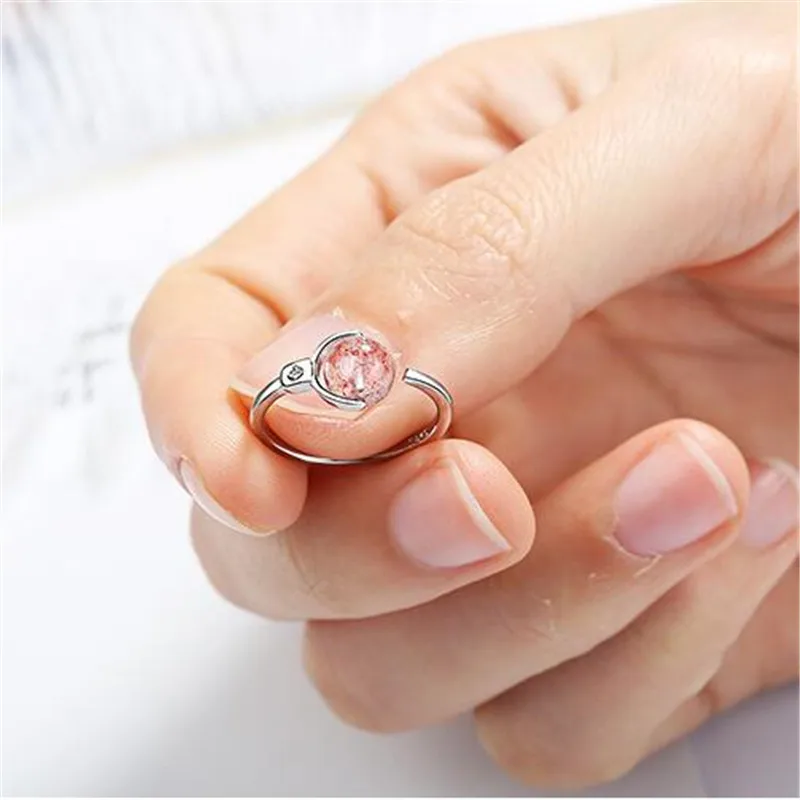 

New Exquisite Peach Strawberry Crystal Transfer Bead 925 Sterling Silver Jewelry Personality Rotating Simple Opening Rings SR450