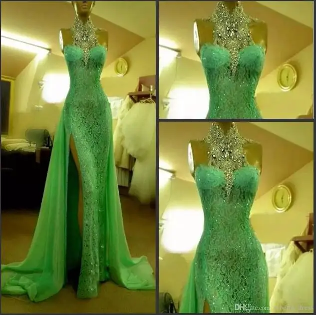 

Green lace Evening Dress kadisua High Collar with Crystal Diamond Long Lace Side Slit Dubai Evening party Dresses Alibaba China