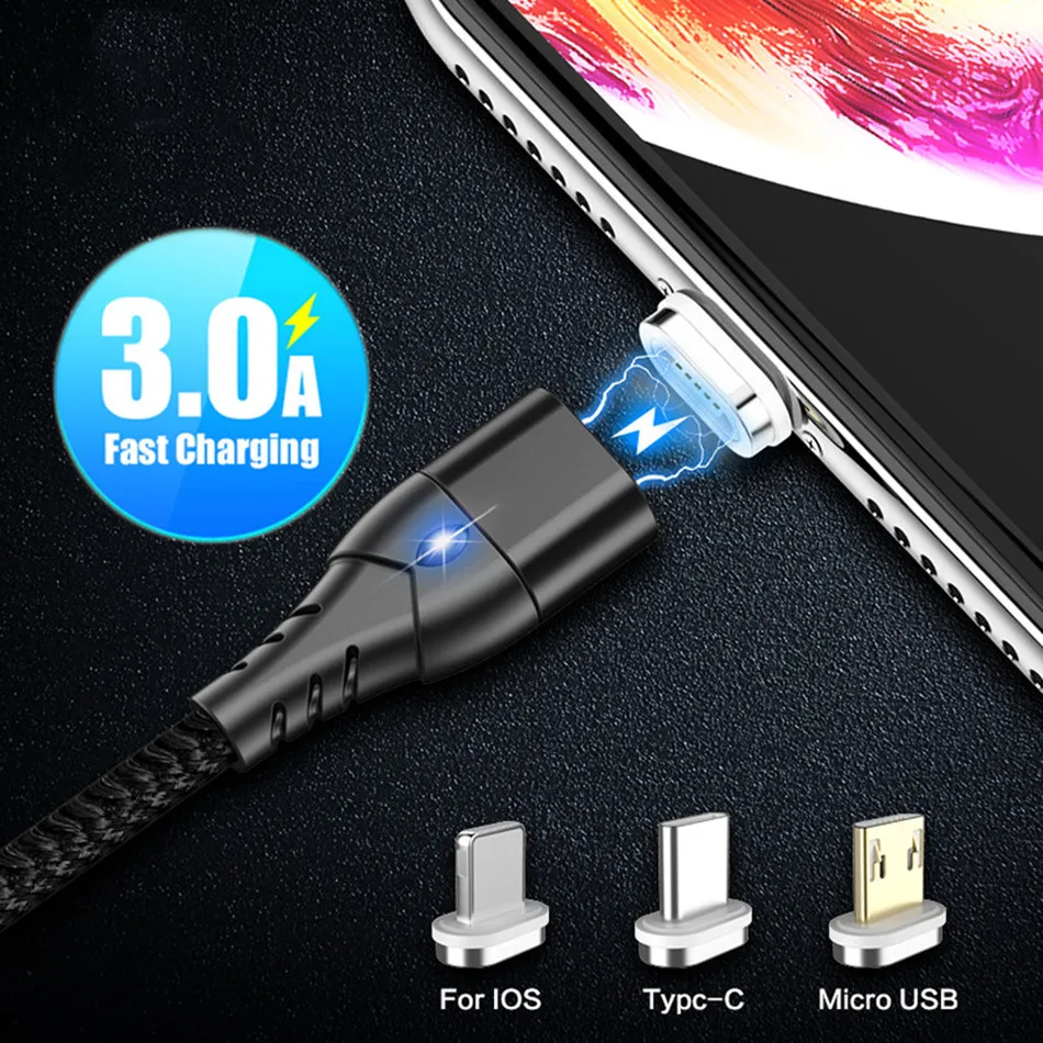 

1M 3A Magnetic Charge Cable Micro USB Cable For Xiaomi iphone XR XS Max X Magnet Charger USB Type C Cable LED Charging Wire Cord