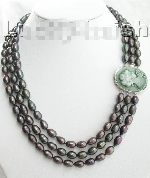 

shipping 21"-23" natural peacock black pearls necklace cameo cla