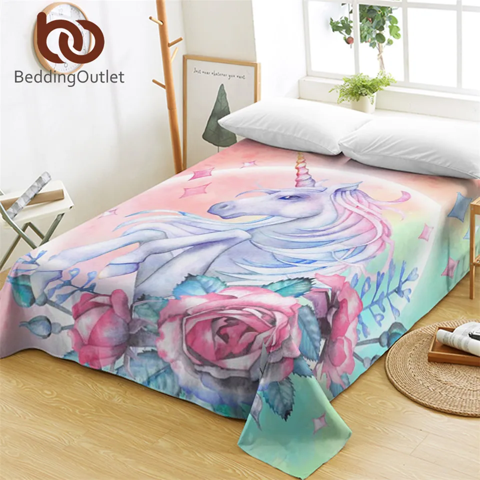 

BeddingOutlet Unicorn and Rose Bed Sheets Cartoon Flat Sheet for Kids Girly Bed Linen Pink and Blue Floral Bedspreads Queen 1pc