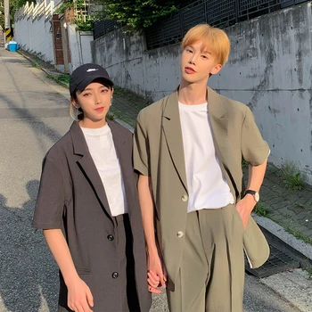 

2019 Summer New Japanese Trends Thin Solid Color Men's Loose Harajuku Korean Casual Short Sleeve Suit