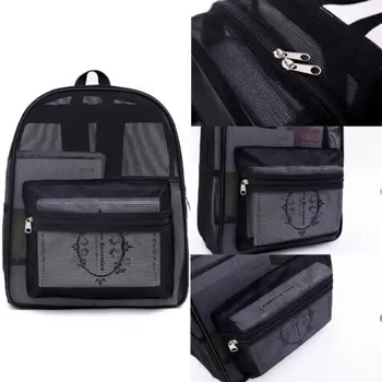 

New Men Women Clear See Through Mesh Backpack Sports Pack Travel Large Bag Black