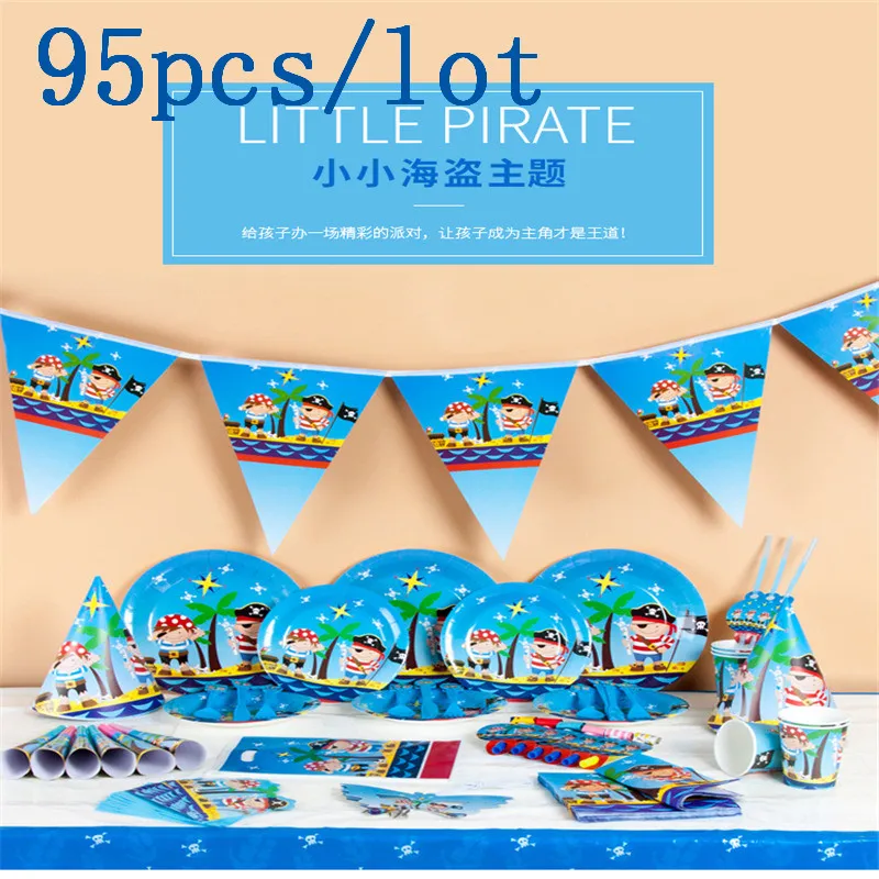 

Party Supply Little Pirate Theme Cup+Plate+Napkin+Hat+Flag Event Party Boy Birthday Wedding Party Blowout Gift Bag Supply 95Pcs
