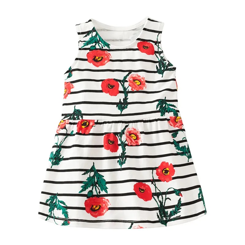 

Little Maven New Summer Kids Clothing Striped Sleeveless Carnation Printed O-neck Knitted 1-6yrs Floral Cotton Girls Dresses