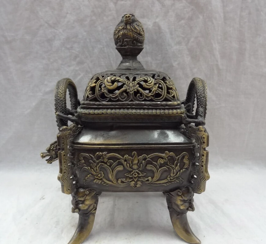 

song voge gem S4990 9" Tibet Bronze Buddhism Fly Dragon Head Lotus Statue Lion Incense Burner Censer