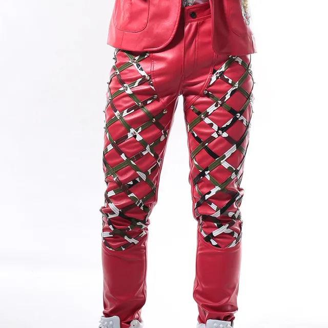 Rock Men Singer PU Leather Pants Red White Black Rivet Leather Trousers