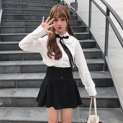 Рубашки женские толстые воротник Питер Пэн с бантом однотонные Kawaii простые универсальные Корейская рубашка женские s японский стиль милые