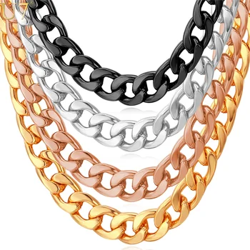 

U7 Cuban Link Chain Necklace Wholesale Rose Gold/Black Gun/Silver/Gold Color 7MM Long/Choker Men Jewelry Hip Hop N317