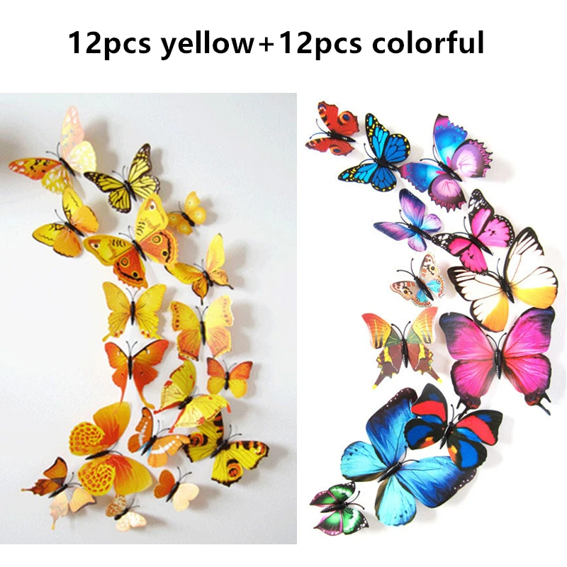 24pcs yellow color 12 шт./лот, ПВХ, 3D, сделай сам, Бабочка, наклейки на стену для дома, Декорации для детской комнаты, кухни, ванной, холодильника, клейкие Наклейки на стены, украшения - Цвет: 24pcs yellow color