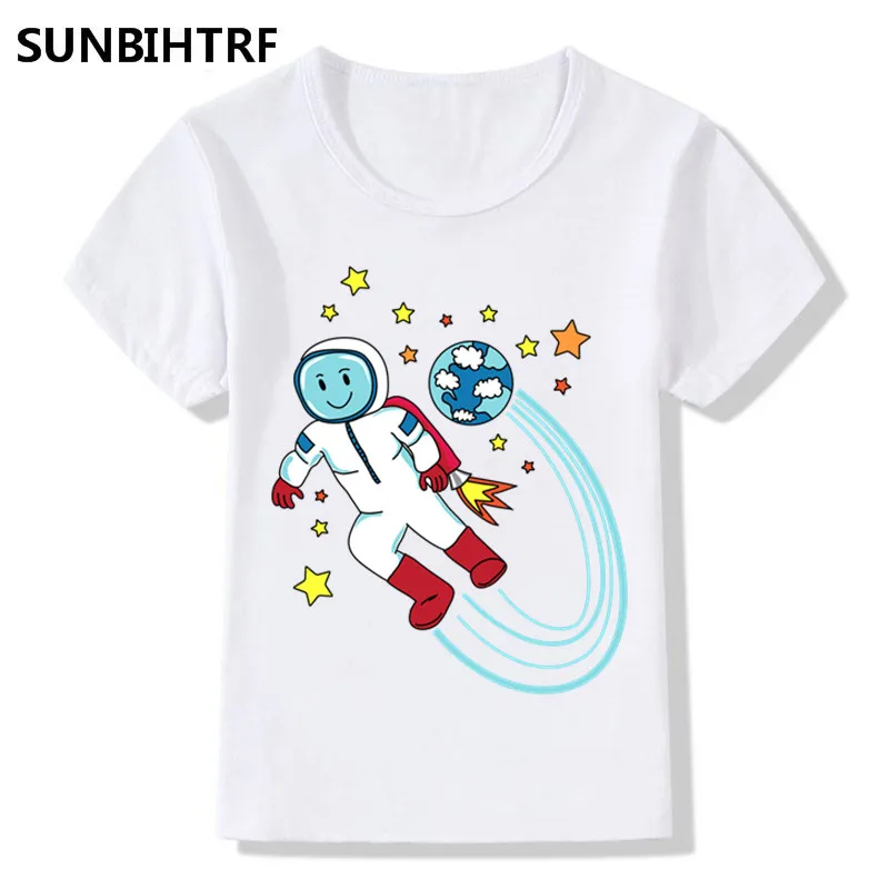 

2018 Cartoon Astronaut Print Children Funny T-shirt Summer Short Sleeve Tops Big Boys/Girls Casual Soft Baby Clothes