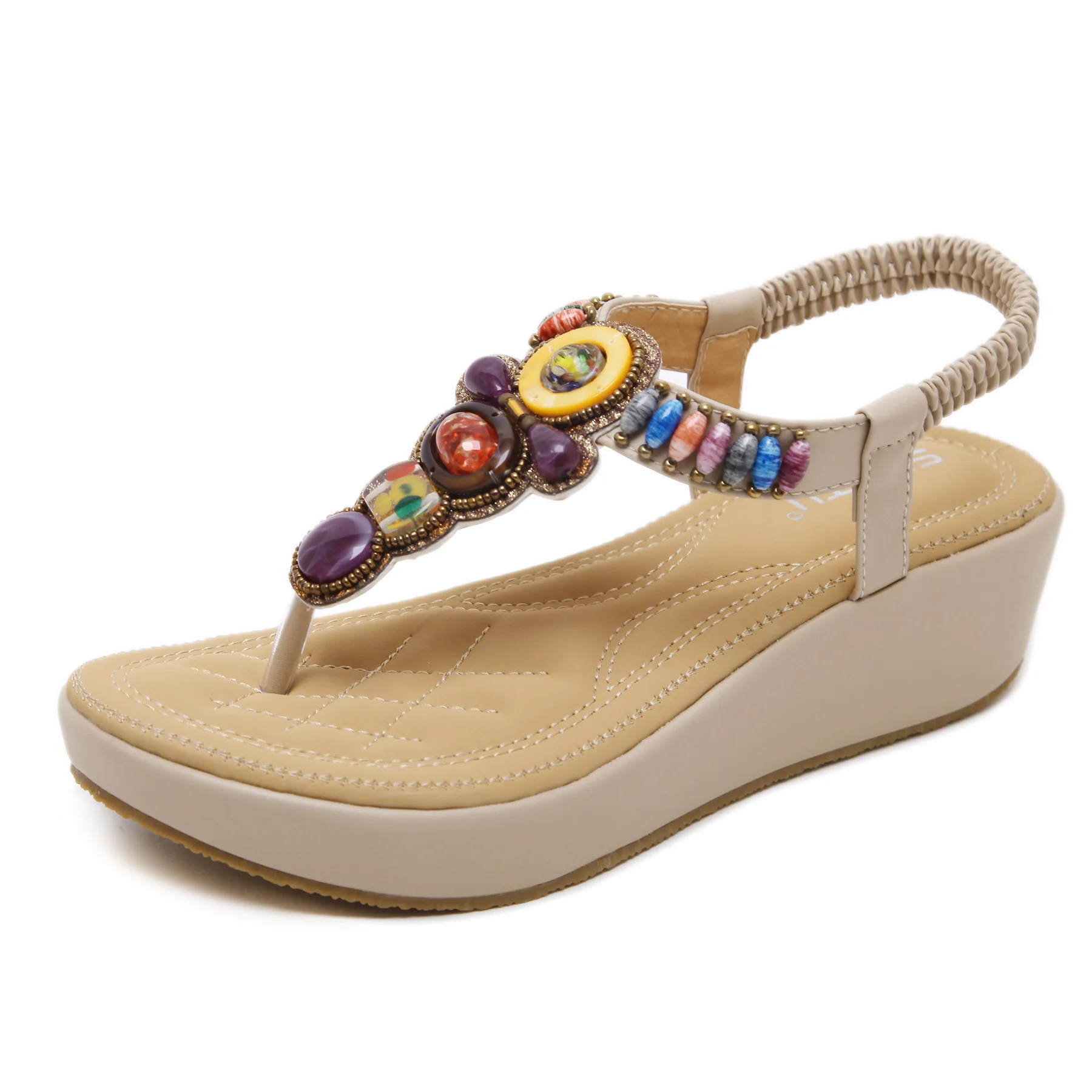 

Women Summer Wedges Sandals Bohemian Med Heels Beaded Large Size 40 41 42 Women's Shoes Flip Flops