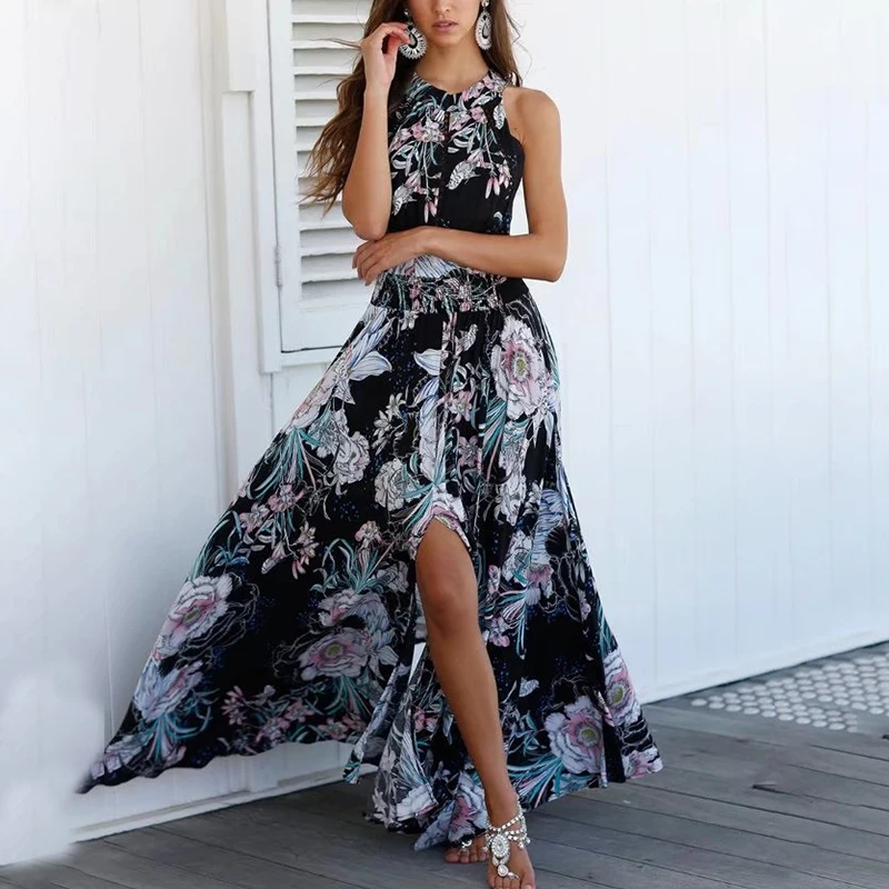 

Conmoto Clearance Summer Halter Women Maxi Dress Dresss Split Hollow Out Sexy Backless Beach Bohemian Long Dress Vestidos