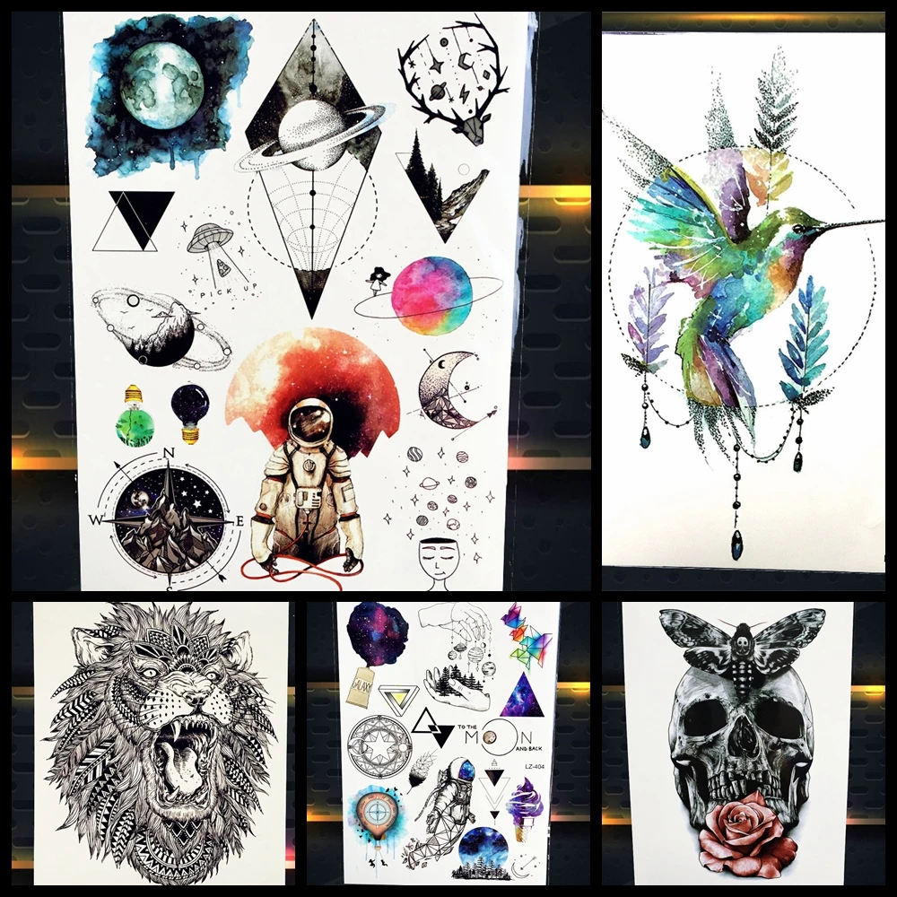 

New Galaxy Planets Spaceman Temporary Tattoo Sticker Water Trasnfer Fake Geometric Stars Moon Body Arm Art Flash Tattoo Stickers