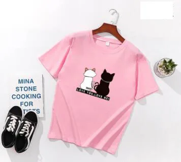 Pink Женские футболки с принтом "Два кота", весна-лето, короткий рукав, круглый вырез, хлопок, спандекс, женские топы, футболки, облегающие Женские футболки - Цвет: Pink