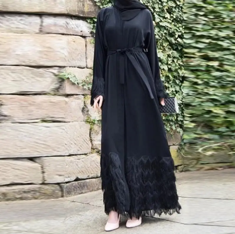 Кисточка Кафтан Дубай абаи кимоно халат мусульманский хиджаб платье Абая для женщин Кафтан Marocain Qatar Elbise турецкая исламская одежда - Цвет: Black dress
