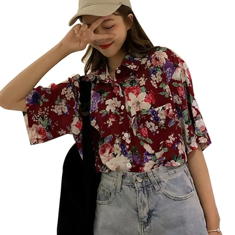 Harajuku печатных Для женщин блузки и топы Винтаж Повседневное короткий рукав blusas Гавайский пляжный отдых Универсальный женский женские