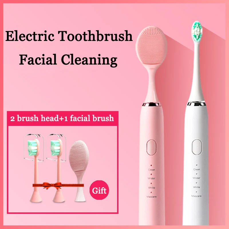 

2 In 1 Multifunction Electric Toothbrush Facial Cleaning Brush With 2 Brush Head Couple Waterproof Fast Charging Toothbrush