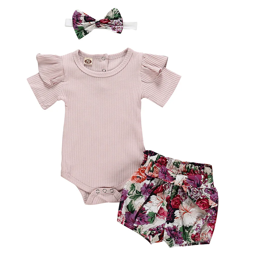 Одежда для новорожденных комплект одежды для маленьких девочек Новинка; детский летний комбинезон боди+ Цветочный принт шорты костюмы для девочек, одежда для малышей осенняя одежда детская одежда наряд для девочек детская одежда - Цвет: Фиолетовый