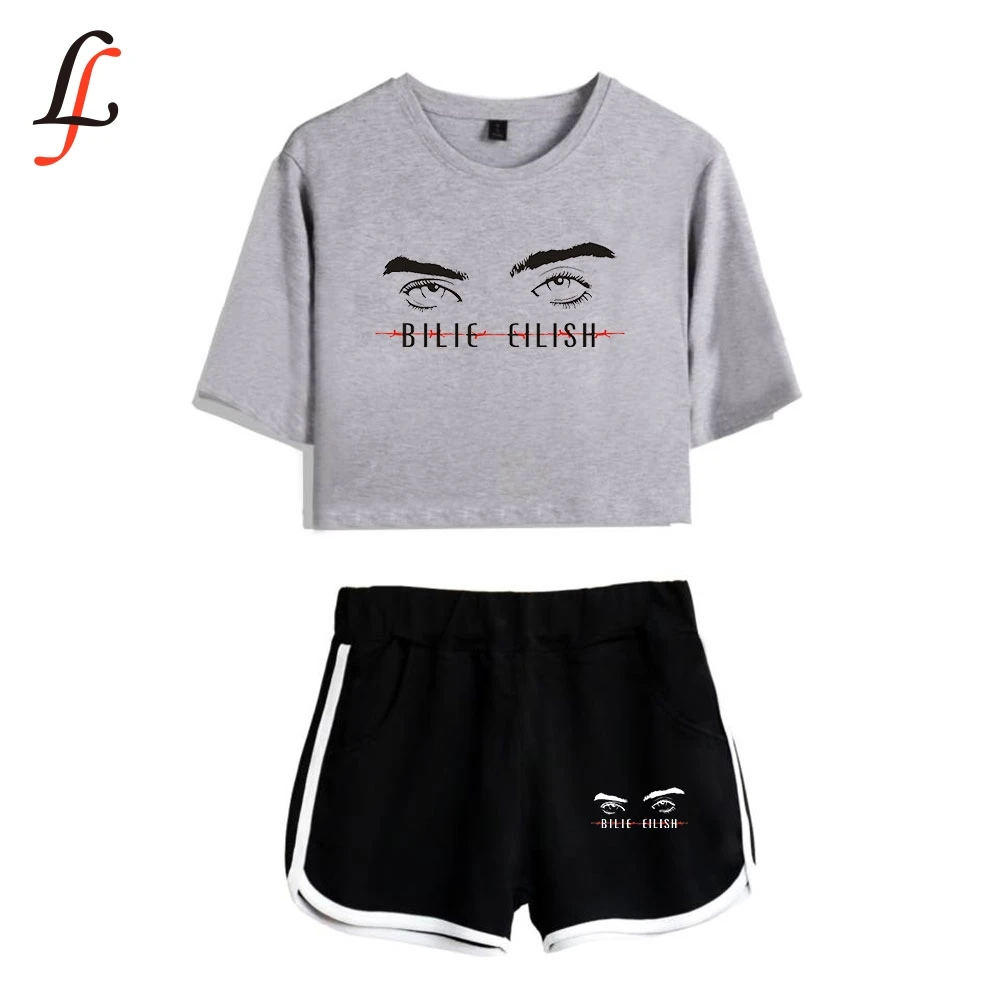 Billie Eilish Harajuku Modis, сексуальный комплект из двух предметов, Короткие топы с коротким рукавом и шорты со средней талией, костюмы для фитнеса, combinaison femme
