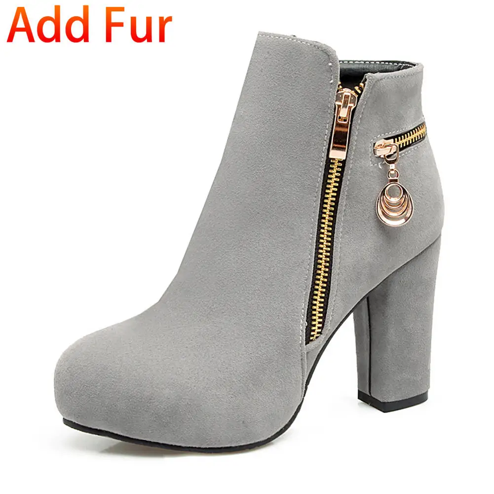 KarinLuna/ г. Большой размер 33-43, обувь на платформе и высоком каблуке женские ботильоны на молнии женские зимние ботинки на меху женская обувь - Цвет: gary with fur