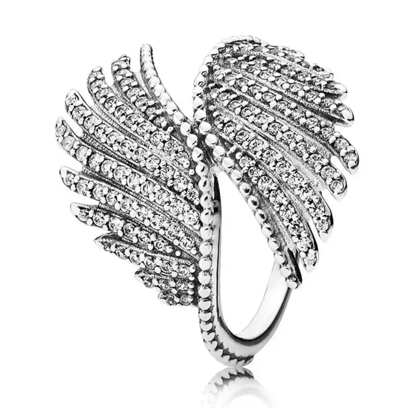 

Authentic 925 Sterling Silver Ring Vintage Majestic Feathers With Crystal Ring For Women Wedding Party Gift Fine Pandora Jewelry