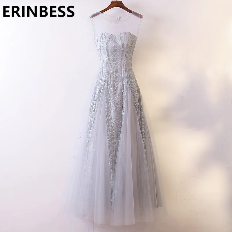 

Hot Selling Scoop Neck Lace Appliques Silver Mermaid Evening Dresses Sashes Prom Gowns 2019 Women Party Gowns Vestido De Festa