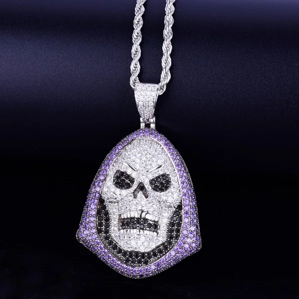 Худи череп кулон с фиолетовым камнем ожерелье теннисная Цепочка Золото Серебро AAA кубический цирконий хип хоп рок ювелирные изделия - Окраска металла: Silver