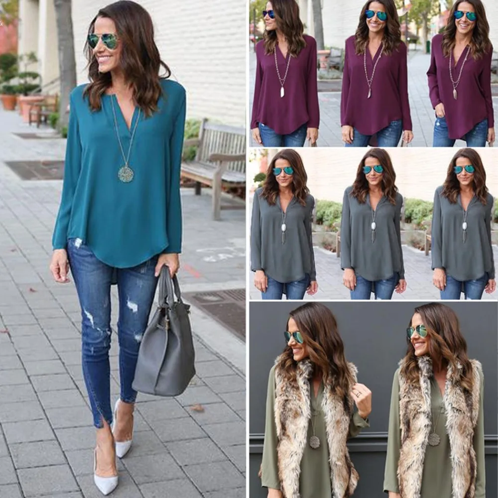 2017 Spring Summer Blouse New Fashion Women Casual V-Neck Long Sleeve Solid Asymmetrical Hem Bottom Shirts Chiffon |