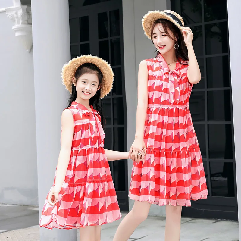 Matching Mother Daughter Clothes Bow Fashion Print Summer Matching Mother Daughter Clothes Bow Fashion Print Summer